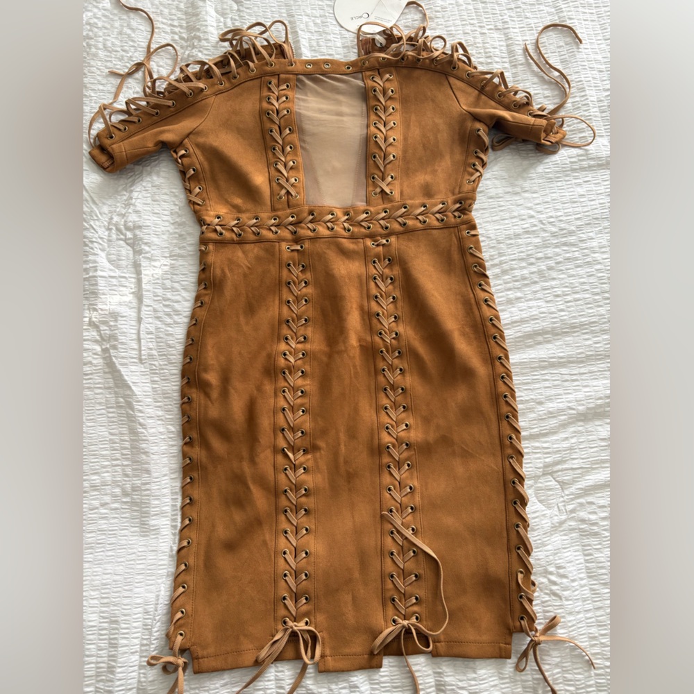 Elegant Tan Lace-Up Mini Dress